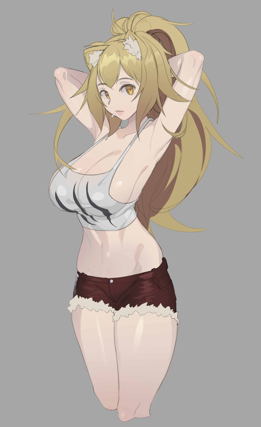 1girl absurdres animal_ear_fluff animal_ears arknights armpits arms_up artist_request breasts brown_hair candy cleavage cutoffs food highres large_breasts lion_ears lion_girl lollipop looking_at_viewer red_shorts shorts siege_(arknights) solo tank_top white_tank_top