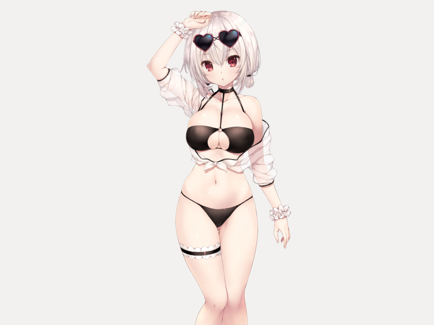 anthropomorphism azur_lane bikini breasts cleavage garter gray mitha red_eyes see_through short_hair sirius_(azur_lane) sunglasses swimsuit white_hair wristwear