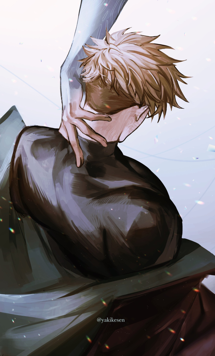 2boys absurdres black_shirt blonde_hair brothers from_behind hand_on_another's_neck highres light_particles male_focus millions_knives multiple_boys shirt siblings solo trigun trigun_stampede turtleneck turtleneck_shirt twitter_username undercut vash_the_stampede yakikesen