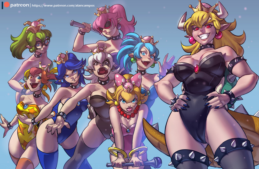 accessory alanscampos alternate_species angry animal_humanoid armband bent_over big_breasts blonde_eyebrows blonde_hair blue_background blue_eyes blue_hair bowser bowsette_meme bracelet breast_size_difference breasts brown_eyes camel_toe choker cleavage clothed clothing collar crossgender crown curvy_figure digital_media_(artwork) ear_piercing eyebrows eyelashes eyewear female garter glasses green_hair grin group hair hands_on_hips happy heterochromia hi_res holding_object horn humanoid humanoid_pointy_ears iggy_koopa jewelry koopa_humanoid koopaling larry_koopa leg_garter legwear lemmy_koopa leotard lips lizard_tail long_hair long_tail looking_at_viewer ludwig_von_koopa mario_bros morton_koopa_jr. multicolored_hair necklace nintendo open_mouth orange_hair pale_skin patreon piercing pink_hair ponytail pose pouting red_eyes roy_koopa scalie scalie_humanoid scowl sharp_teeth short_hair simple_background size_difference skimpy slit_pupils smile spiked_collar spiked_tail spikes stockings sunglasses super_crown teeth thick_eyebrows thick_tail thigh_highs tight_clothing video_games voluptuous wendy_o._koopa white_hair wide_hips wristband