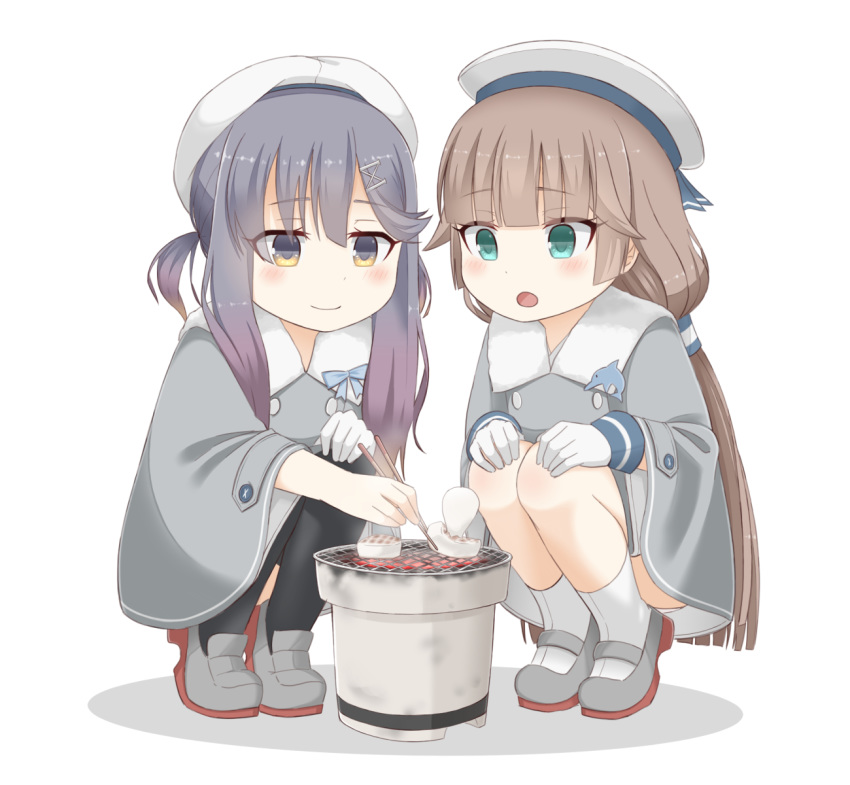 2girls :o bangs beret black_legwear blush brown_hair chopsticks cooking fur_trim gloves gradient_hair hair_ornament hairclip hat highres holding holding_chopsticks kantai_collection long_hair long_sleeves low_twintails mikura_(kantai_collection) mochi multicolored_hair multiple_girls open_mouth purple_hair sailor_hat sidelocks simple_background smile soba_(sobaya1938) socks squatting thighhighs tsushima_(kantai_collection) twintails white_background white_gloves white_headwear white_legwear