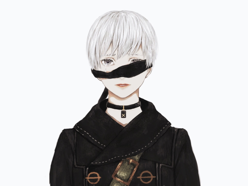 1boy black_blindfold black_choker blindfold buckle choker crying green_eyes highres male_focus nier_(series) parted_lips red_lips shirone_(coxo_ii) simple_background solo white_background white_hair yorha_no._9_type_s