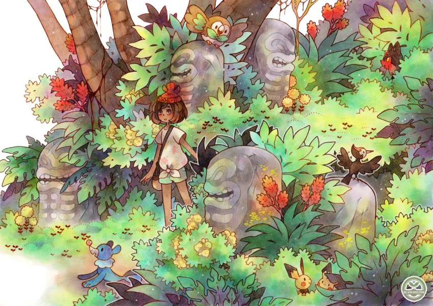 1girl bird blanchelune brown_eyes brown_hair commentary dark_skin english_commentary gen_2_pokemon gen_7_pokemon grass litten looking_at_viewer mahalo_trail mizuki_(pokemon) pichu pikipek plant pokemon pokemon_(game) pokemon_sm popplio rowlet shirt short_sleeves shorts standing tied_shirt