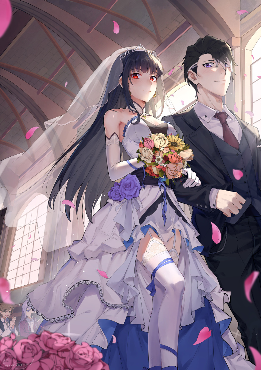 2boys 2girls absurdres alternate_costume alternate_hairstyle artist_name bangs bare_shoulders beige_flower black_gloves black_hair black_jacket blue_eyes blue_flower bridal_veil bride brown_hair celestia_ludenberck character_request commentary_request danganronpa danganronpa_1 detached_sleeves dress eyebrows_visible_through_hair feet_out_of_frame flower from_below gloves hair_ornament highres holding holding_flower jacket kaer_sasi_dianxia kirigiri_kyouko long_hair long_sleeves multiple_boys multiple_girls naegi_makoto necktie pink_flower pink_hair red_eyes red_flower red_neckwear shirt short_hair sleeveless sleeveless_dress smile strapless strapless_dress thighhighs veil wedding_dress white_legwear white_shirt window yellow_flower