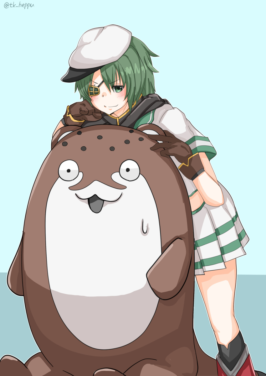 1girl 1other bokukawauso brown_gloves cape eyepatch feet_out_of_frame gloves green_eyes green_hair hat highres kantai_collection kiso_(kantai_collection) looking_at_viewer mascot otter pauldrons pleated_skirt remodel_(kantai_collection) sailor_hat school_uniform serafuku short_hair skirt standing takasugi_heppu white_skirt