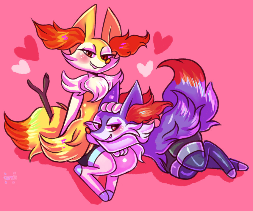 alternate_color black_legwear blush braixen brown_eyes commentary creature english_commentary fang flufflixx full_body gen_6_pokemon hand_on_another's_head heart lying no_humans on_lap on_side pink_background pink_legwear pokemon pokemon_(creature) pokemon_on_lap shadow shiny_pokemon signature simple_background sitting smirk star stick thighhighs