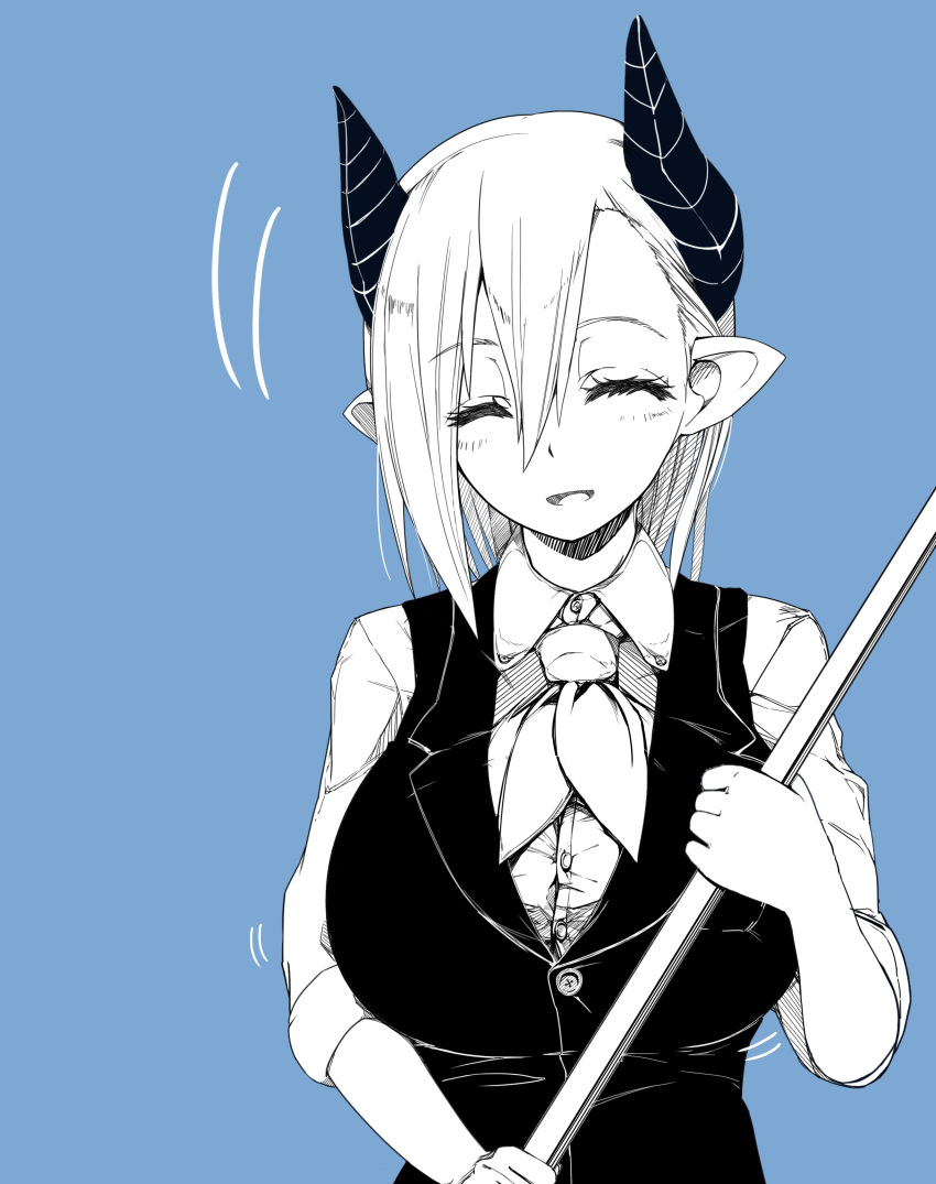 1girl absurdres black_horns black_sclera blue_background closed_eyes demon_horns highres horns irasrgsmk limited_palette looking_at_viewer musuko_ga_kawaikute_shikatanai_mazoku_no_hahaoya overshirt pointy_ears short_hair sleeves_rolled_up smile surprised teresa_(musuko_ga_kawaikute_shikatanai_mazoku_no_hahaoya) white_eyes white_hair