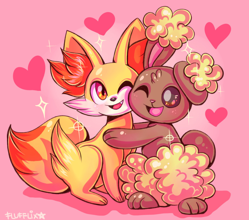 ;d brown_eyes buneary creature fang fennekin flufflixx full_body gen_4_pokemon gen_6_pokemon happy heart heart_background hug no_humans one_eye_closed open_mouth pink_background pokemon pokemon_(creature) shadow signature simple_background smile sparkle star