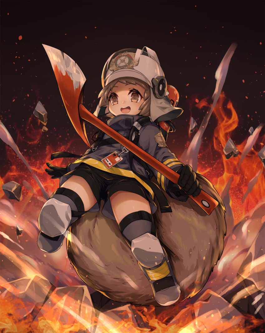 1girl :d absurdres arknights axe black_gloves black_jacket black_shorts boots brown_eyes brown_hair embers fire firefighter gloves helmet highres holding holding_axe jacket jiusan_naitan knee_pads left-handed long_sleeves open_mouth rock shaw_(arknights) short_hair short_shorts shorts smile solo thighhighs