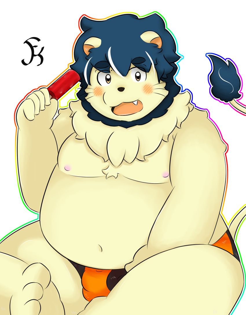 2018 absurd_res anthro belly blush bulge clothing felid hi_res humanoid_hands kemono kemonofluffy lion male mammal moobs navel nipples overweight overweight_male pantherine sitting solo underwear