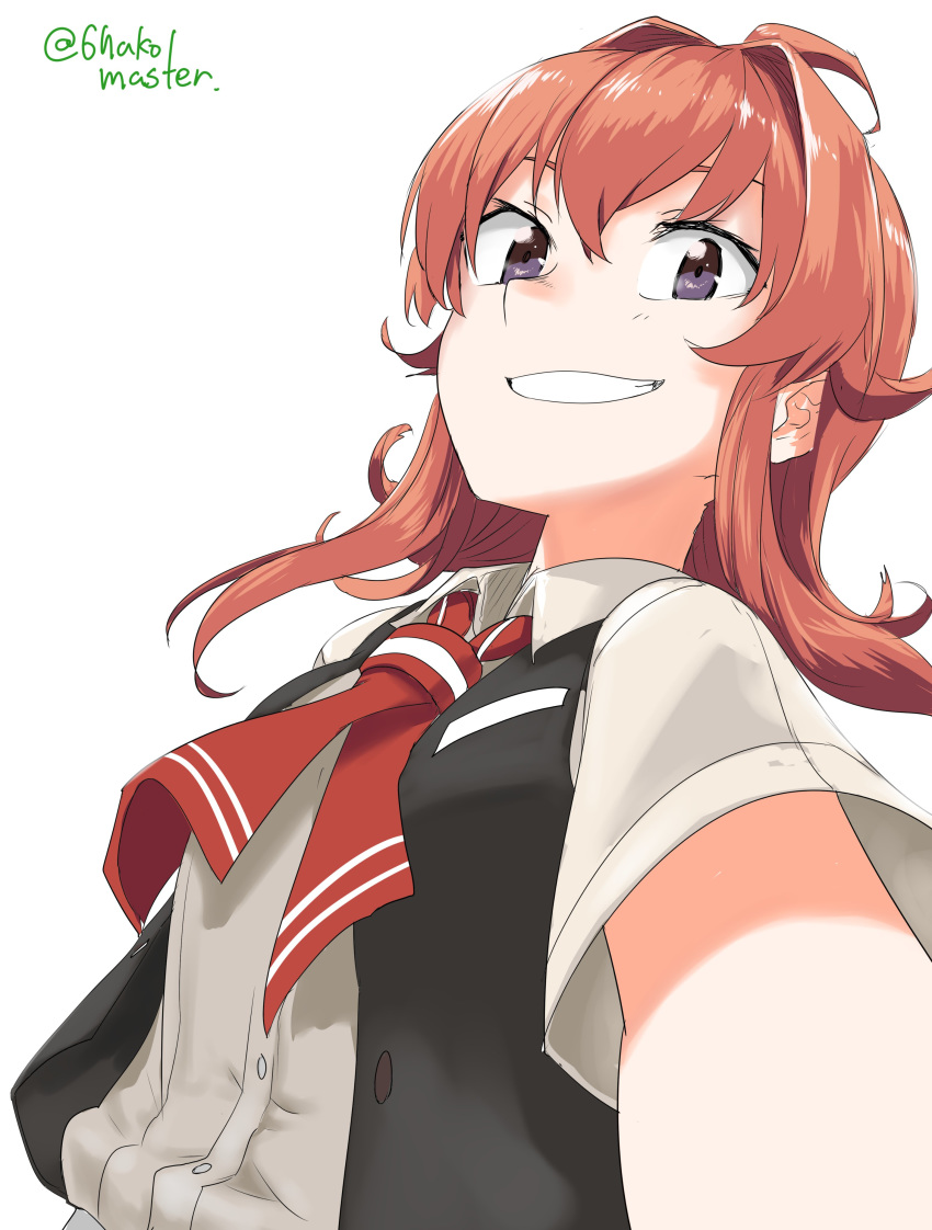 1girl absurdres ahoge arashi_(kantai_collection) black_eyes black_vest commentary_request dress_shirt grin highres kantai_collection medium_hair messy_hair neckerchief red_hair red_neckwear roppako shirt simple_background smile solo twitter_username upper_body vest white_background white_shirt