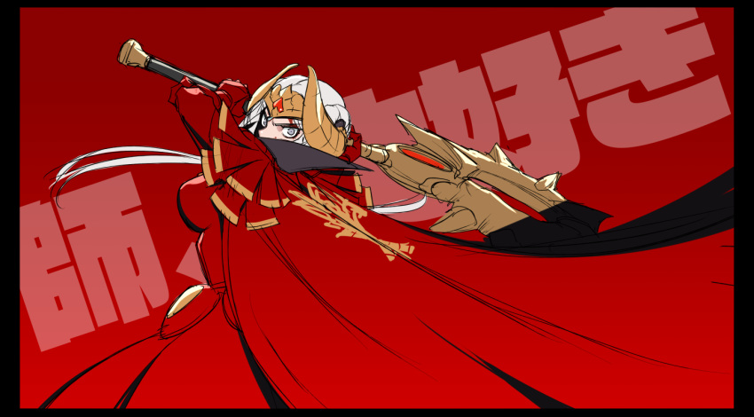 1girl attack axe aymr_(weapon) cape edelgard_von_hresvelg fire_emblem fire_emblem:_three_houses horned_headwear looking_at_viewer mikoyan red_armor red_background red_cape serious silver_hair simple_background solo tiara upper_body