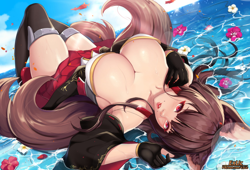 2020 5_fingers akagi_(azur_lane) animal_humanoid azur_lane breasts brown_hair canid canid_humanoid canine canine_humanoid cleavage clothed clothing exlic female fingers flower fox_humanoid hair humanoid looking_at_viewer lying mammal mammal_humanoid multi_tail on_back plant red_eyes solo text url water