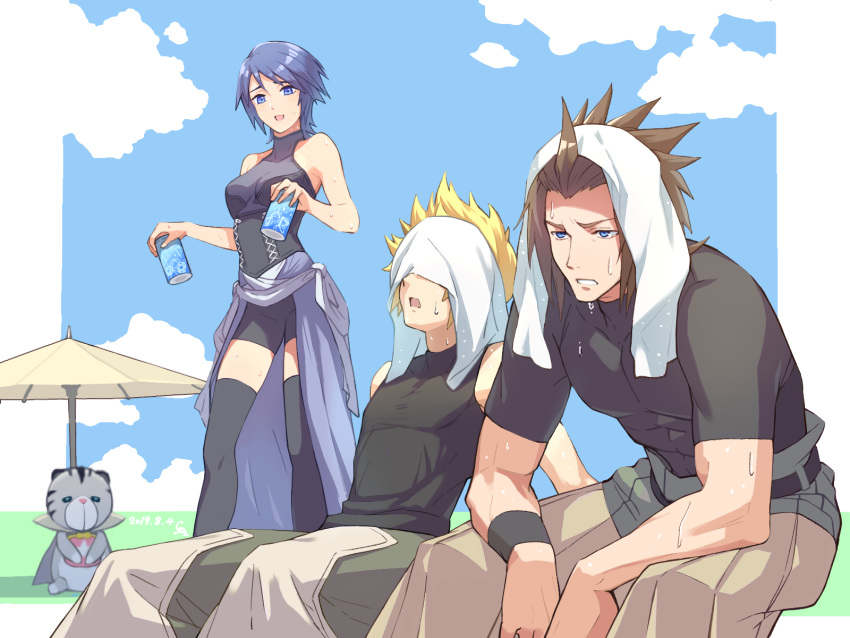 1girl 2boys aqua_(kingdom_hearts) bangs black_legwear black_shirt blonde_hair blue_eyes blue_hair blue_shirt blue_sky breasts brown_hair can chirithy cloud cloudy_sky commentary_request feet_out_of_frame gogo_(detteiu_de) highres holding kingdom_hearts kingdom_hearts_birth_by_sleep kingdom_hearts_x medium_breasts multiple_boys open_mouth shadow shiny shiny_hair shirt short_sleeves sky sleeveless sweat sweatdrop terra_(kingdom_hearts) thighhighs towel towel_on_head umbrella ventus