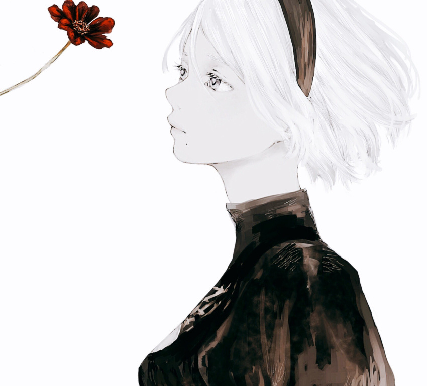 1girl black_hairband flower green_eyes grey_eyes hair_between_eyes hairband highres medium_hair mole mole_under_mouth nier_(series) nier_automata puffy_sleeves red_flower shirone_(coxo_ii) simple_background solo white_background white_hair yorha_no._2_type_b