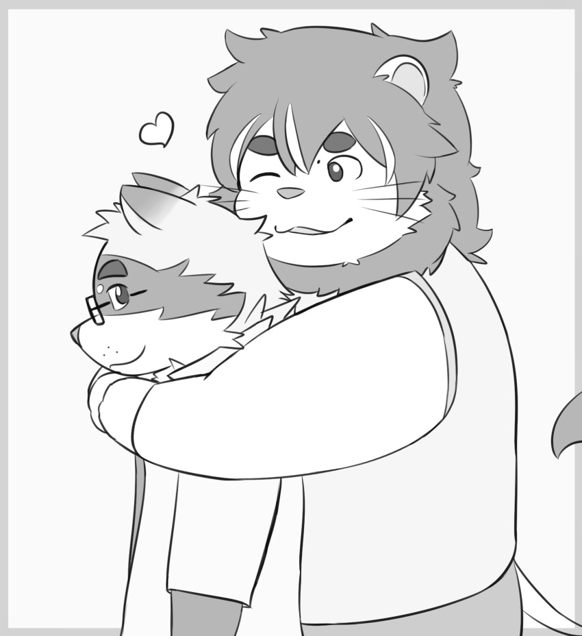 &lt;3 2020 anthro clothing duo eyewear felid glasses hi_res hug hugging_from_behind kemono kemonofluffy lion male mammal monochrome one_eye_closed pantherine procyonid raccoon shirt simple_background topwear wink