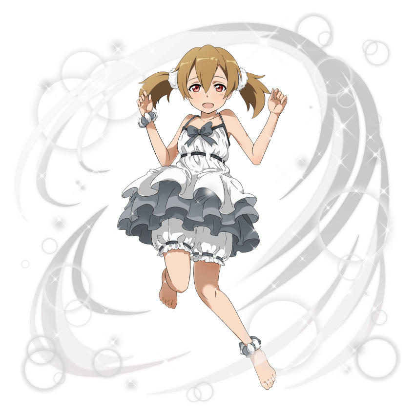 1girl :d ankle_scrunchie bangs barefoot blush bow bowtie brown_hair collarbone dress full_body grey_bow grey_neckwear hair_between_eyes hair_ornament hair_scrunchie halterneck highres layered_dress leg_up looking_at_viewer official_art open_mouth red_eyes ribbon-trimmed_shorts ribbon_trim scrunchie shiny shiny_hair short_hair shorts shorts_under_dress silica sleeveless sleeveless_dress smile solo sparkle sword_art_online white_dress white_scrunchie white_shorts wrist_scrunchie