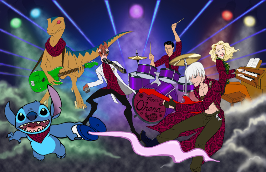 2020 4_fingers 5_fingers alien ambiguous_gender archer_(series) band bionic_arm black_eyes black_hair blonde_hair blue_body blue_eyes blue_fur blue_nose by-nc-nd capcom clothed clothing cowbell creative_commons crossover dante_(dmc) deinonychus devil_may_cry digital_media_(artwork) dinosaur disney dreadkithulhu dromaeosaurid drum drum_set drumming_stick electric_guitar english_text experiment_(lilo_and_stitch) female fingers fur gloves group guitar hair handwear harry_potter hawaiian_text head_tuft hi_res holding_guitar holding_microphone holding_musical_instrument holding_object human keyboard_instrument lilo_and_stitch looking_at_viewer luna_lovegood male mammal marvel mass_effect microphone mordin_solus musical_instrument neckerchief notched_ear old_lace open_mouth open_smile percussion_instrument percussion_mallet piano playing_music plucked_string_instrument red_sclera reptile salarian scalie short_hair smile sterling_archer stitch_(lilo_and_stitch) string_instrument text theropod tuft video_games white_hair