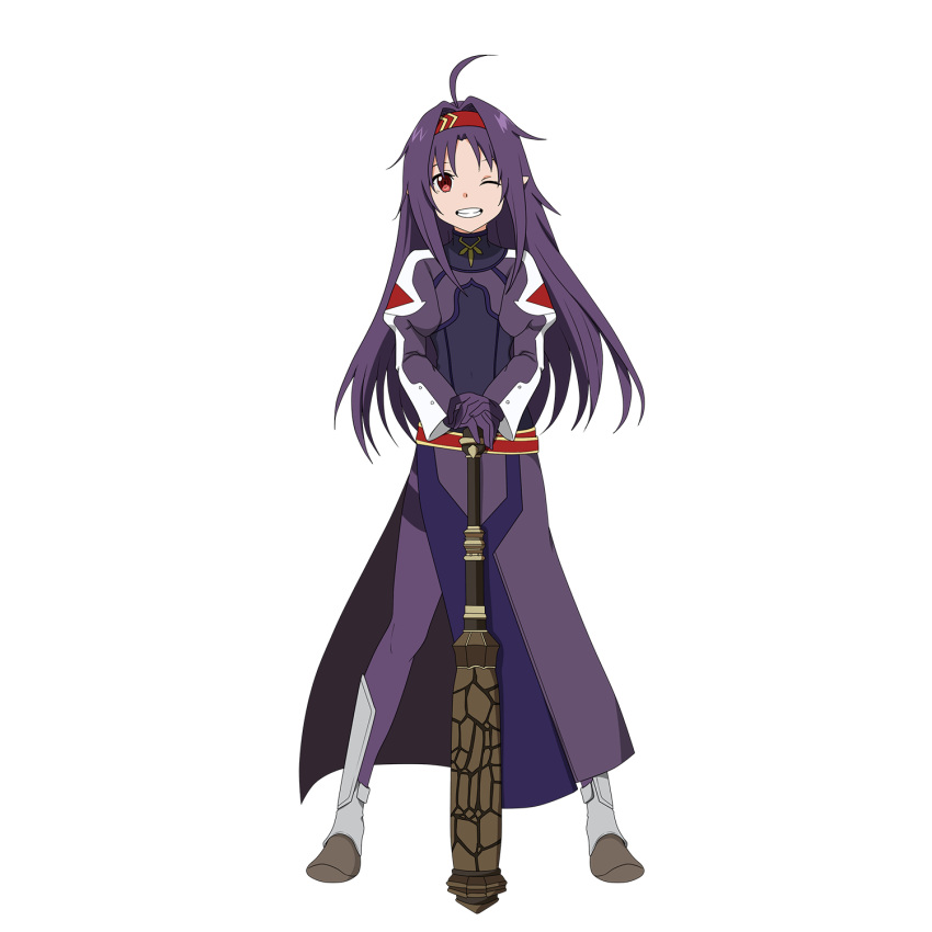 1girl ahoge covered_navel floating_hair full_body grin hair_intakes hands_on_hilt headband highres long_hair looking_at_viewer official_art one_eye_closed pantyhose pointy_ears purple_coat purple_eyes purple_hair purple_legwear red_eyes red_headband shiny shiny_hair smile solo standing sword_art_online thighband_pantyhose very_long_hair yuuki_(sao)