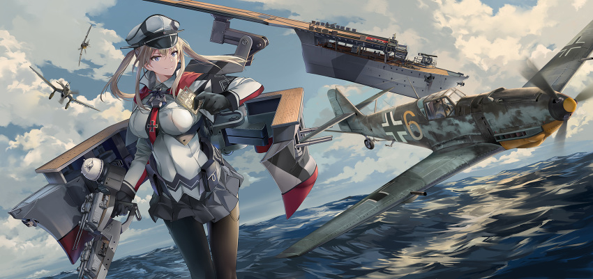 1girl aircraft black_legwear blonde_hair breasts capelet card cloud commentary_request eyebrows_visible_through_hair flight_deck gloves graf_zeppelin_(kantai_collection) grey_eyes hair_between_eyes hat headgear highres holding holding_card kantai_collection large_breasts long_hair long_sleeves machinery neko_(yanshoujie) ocean outdoors pantyhose peaked_cap pleated_skirt rigging sidelocks skirt sky smile turret twintails