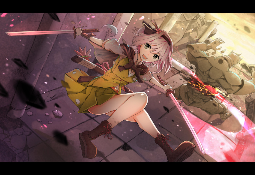 1girl ascot bangs bare_legs black_ascot black_bow black_cape black_hairband black_ribbon blue_eyes boots bow bowtie cape collared_shirt dual_wielding eyebrows_visible_through_hair fighting flower green_skirt green_vest hair_ribbon hairband highres holding holding_sword holding_weapon katana konpaku_youmu ooru_(t20nozomu) ribbon serious shirt short_hair short_sleeves silver_hair skirt slashing stone_floor stone_wall sword touhou vest wall weapon white_hair white_shirt