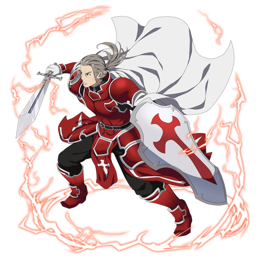 1boy black_pants boots cape closed_mouth faulds floating_hair full_body gloves heathcliff highres holding holding_shield holding_sword holding_weapon long_hair male_focus official_art pants ponytail red_footwear shield shoulder_armor silver_hair solo spaulders sword sword_art_online weapon white_cape white_gloves