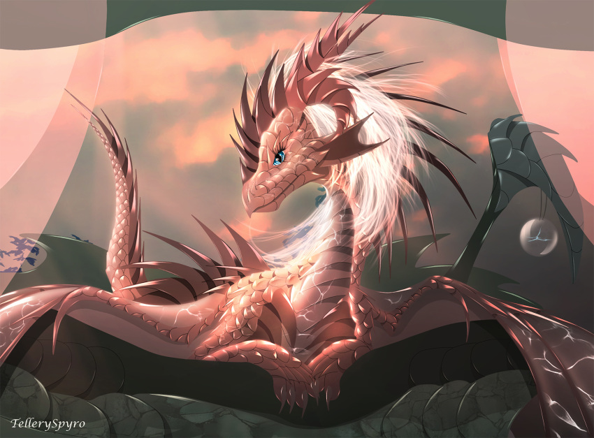 2020 blue_eyes claws detailed_background digital_media_(artwork) dragon female feral gerstie hi_res horn membrane_(anatomy) membranous_wings pink_body pink_scales scales scalie solo spines telleryspyro western_dragon wings