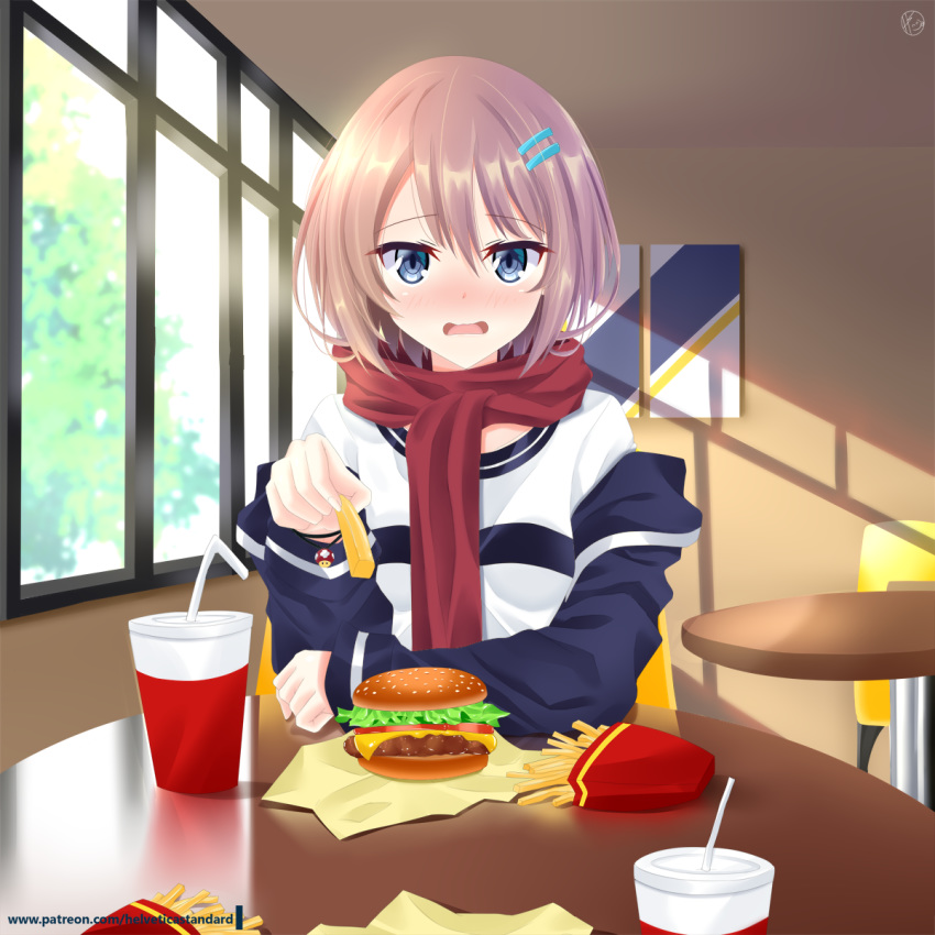 1girl alternate_costume bangs blanc blue_eyes blush breasts brown_hair casual chair choujigen_game_neptune commentary_request drinking_straw eyebrows_visible_through_hair food french_fries hair_between_eyes hair_ornament hairclip hamburger helvetica_5tandard highres holding holding_food indoors light_rays long_sleeves looking_at_viewer neptune_(series) open_mouth patreon_username red_scarf scarf shadow shirt short_hair sidelocks signature sitting small_breasts solo super_mushroom swept_bangs table white_shirt window wrapping