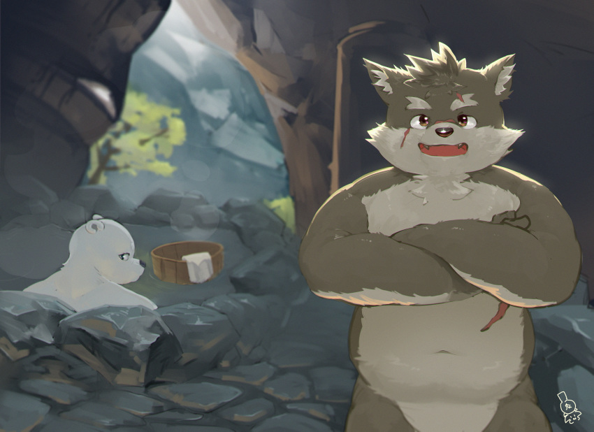 2020 absurd_res anthro bathing belly canid canine canis cute_fangs detailed_background domestic_dog duo hi_res kemono male mammal moritaka navel overweight overweight_male piero03432812 polar_bear scar tokyo_afterschool_summoners ursid ursine video_games water