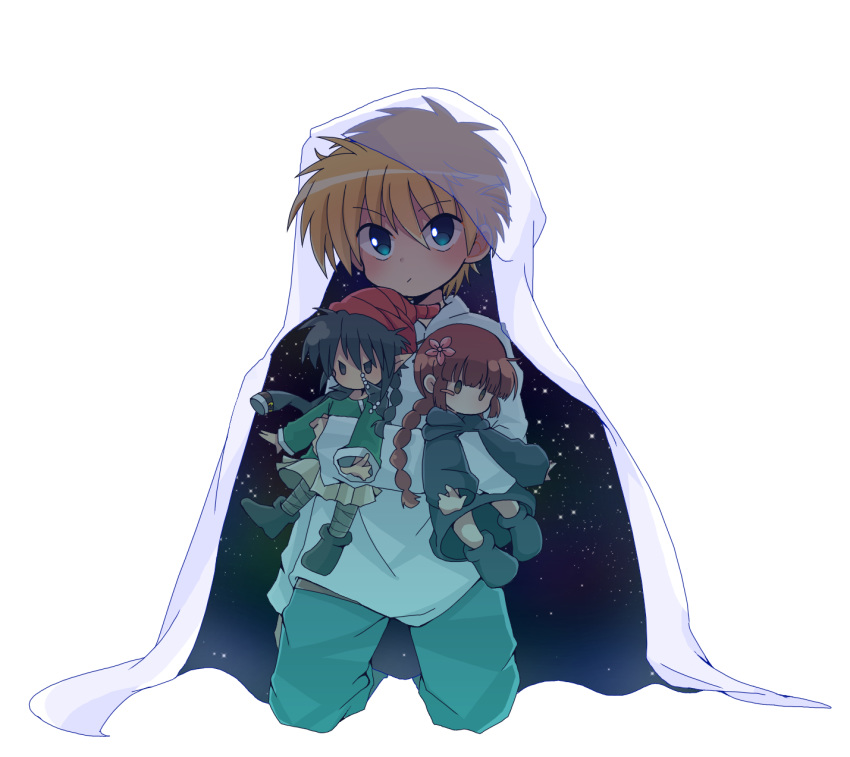 1boy blonde_hair blue_eyes blue_pants cape character_doll doll flower hair_between_eyes hair_flower hair_ornament highres holding holding_doll hood hooded_cape kneeling kukuri mahoujin_guruguru mikuzu_4869 nike_(mahoujin_guruguru) pants raid_(mahoujin_guruguru) shirt simple_background solo white_background white_shirt