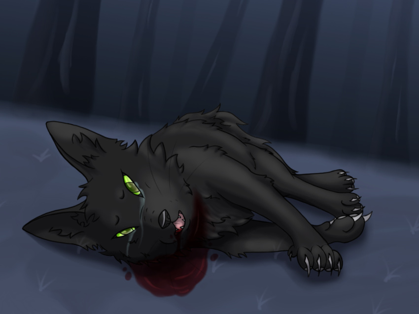 4:3 black_body black_fur blood bodily_fluids claws crying death domestic_cat dying felid feline felis female feral forest fur gore green_eyes hi_res hollyleaf_(warriors) lying mammal on_side open_mouth outside pain palemoonwendigo sad solo tears tree warriors_(cats) wounded