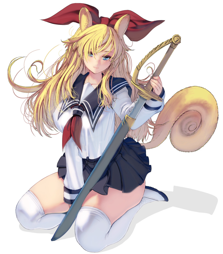 1girl animal_ears blonde_hair blue_eyes blue_skirt bow breasts collarbone covered_nipples full_body hair_bow highres large_breasts long_hair masao miniskirt original over-kneehighs pleated_skirt red_bow revision scabbard school_uniform seiza sheath shoes sitting skirt smile solo sword tail thighhighs thighs unsheathing uwabaki weapon white_background white_legwear