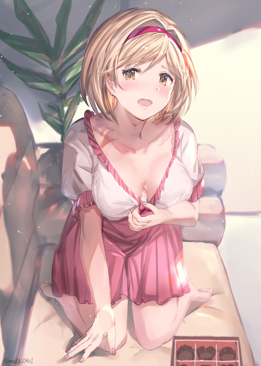 1girl absurdres adjusting_clothes bangs bare_legs blonde_hair blush breasts brown_eyes chocolate cleavage collarbone couch djeeta_(granblue_fantasy) dress granblue_fantasy hairband highres indoors kneeling milli_little open_mouth pink_dress puffy_short_sleeves puffy_sleeves red_hairband short_hair short_sleeves solo twitter_username