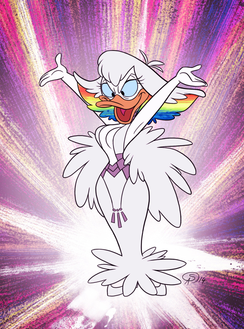 2014 alternate_species anatid anseriform anthro avian beak bird breasts cleavage clothed clothing dress duck epicaistar female fully_clothed hair hi_res kill_la_kill multicolored_hair non-mammal_breasts open_beak open_mouth ragyō_kiryūin rainbow_hair raised_arm solo standing studio_trigger white_hair