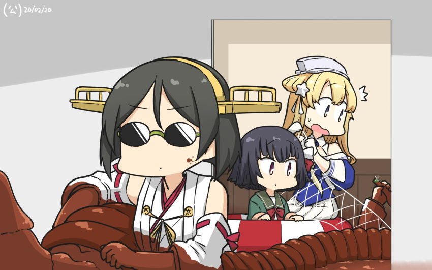 3girls black_hair blonde_hair blue_eyes blue_shirt blush breasts cargo_net commentary_request eyebrows_visible_through_hair fletcher_(kantai_collection) glasses green_jacket hair_between_eyes hair_ribbon hairband hamu_koutarou headgear highres ishigaki_(kantai_collection) jacket japanese_clothes kantai_collection kirishima_(kantai_collection) large_breasts long_hair long_sleeves multiple_girls neck_ribbon neckerchief off_shoulder pleated_skirt red_ribbon ribbon sailor_collar school_uniform shirt short_hair skirt sunglasses white_ribbon white_sailor_collar white_skirt yellow_neckwear