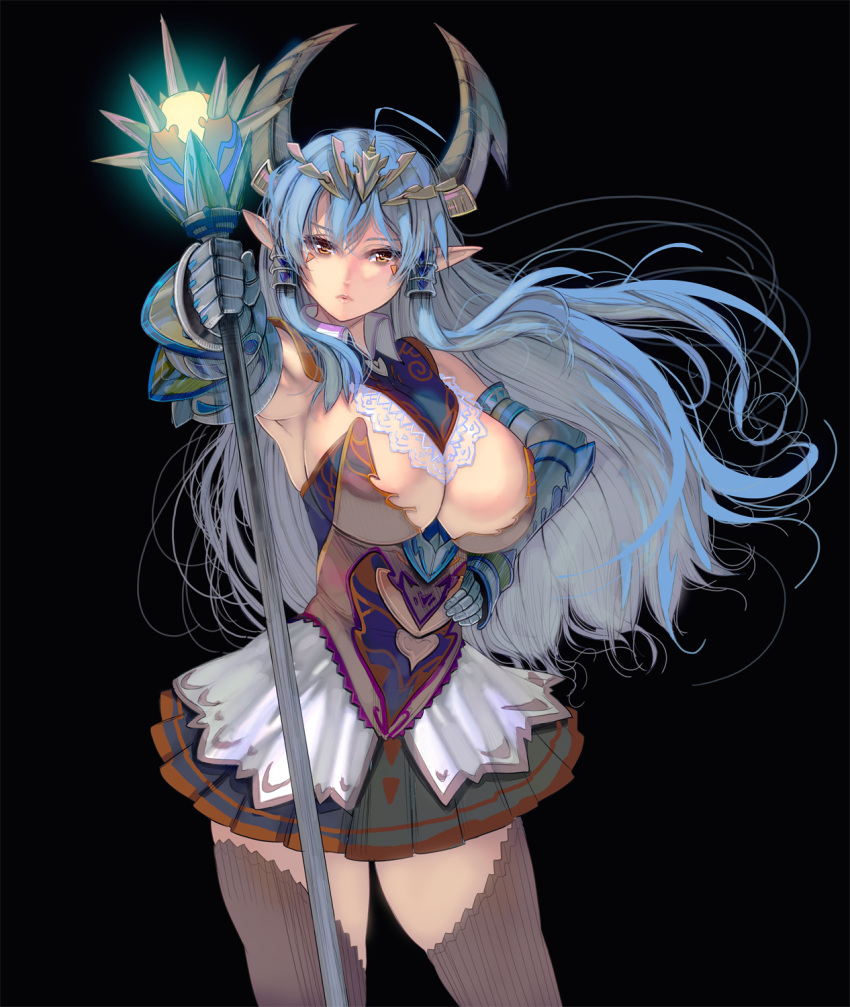 1girl bangs black_background blue_hair breasts bustier cleavage closed_mouth detached_collar facial_mark gauntlets glowing hand_on_hip highres holding holding_staff horns large_breasts long_hair looking_at_viewer masao original outstretched_arm pleated_skirt pointy_ears revision simple_background skirt solo staff standing thighhighs yellow_eyes