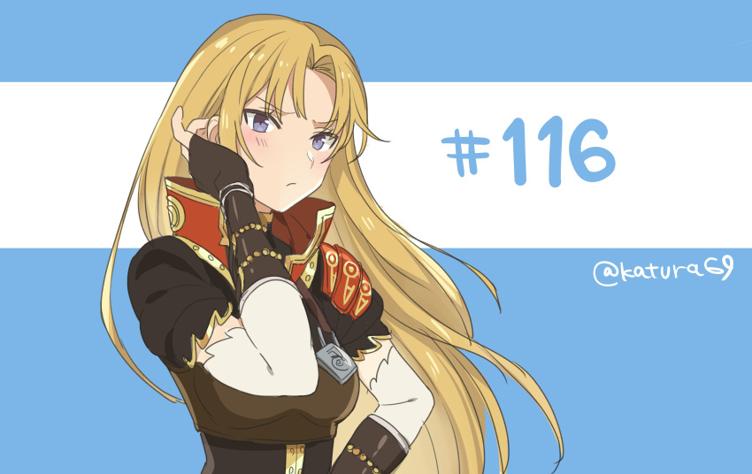 1girl blonde_hair blue_eyes breastplate clarisse_(fire_emblem) closed_mouth fingerless_gloves fire_emblem fire_emblem:_new_mystery_of_the_emblem fire_emblem_heroes gloves highres juria0801 long_hair simple_background solo twitter_username upper_body