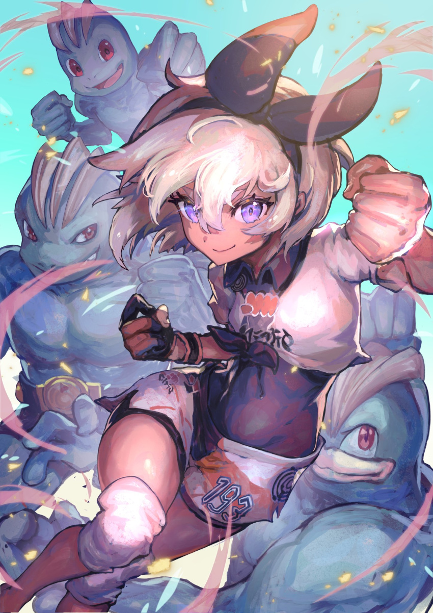 1girl bodysuit clenched_hand covered_navel dark_skin gen_1_pokemon gloves grey_hair hairband highres knee_pads machamp machoke machop nijimaarc pokemon pokemon_(game) pokemon_swsh saitou_(pokemon) shorts single_glove smile