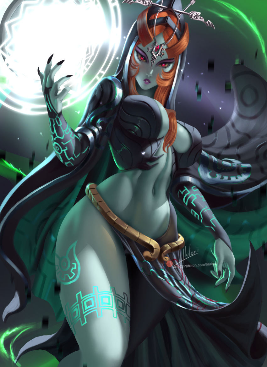 1girl absurdres blue_skin breasts commentary gloves highres hlulani long_hair looking_at_viewer midna navel pinup pointy_ears red_eyes solo the_legend_of_zelda the_legend_of_zelda:_twilight_princess