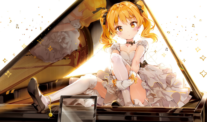 anmi blonde_hair blush bow choker cropped dress gloves hikaru_(houkago_no_pleiades) houkago_no_pleiades instrument kneehighs music piano reflection ribbons scan twintails yellow_eyes