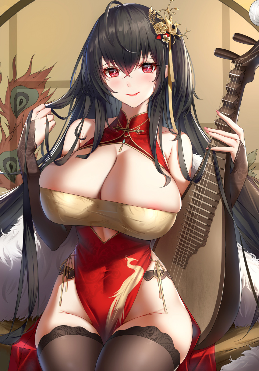 1girl absurdres ahoge azur_lane bangs bare_shoulders black_hair black_legwear blush breasts bridal_gauntlets china_dress chinese_clothes cleavage cleavage_cutout closed_mouth covered_navel crossed_bangs cutout_above_navel dress feather_boa hair_ornament heart heart-shaped_pupils highres holding holding_hair huge_breasts long_hair looking_at_viewer one_side_up peacock_feathers pelvic_curtain pipa_(instrument) red_dress red_eyes revision sitting smile solo symbol-shaped_pupils taihou_(azur_lane) taihou_(phoenix's_spring_song)_(azur_lane) thighhighs wu_ganlan_cai