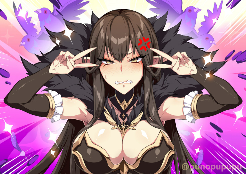 1girl bangs bare_shoulders black_dress blush breasts brown_hair cleavage clenched_teeth double_v dress emotional_engine_-_full_drive fate/apocrypha fate/grand_order fate_(series) fur_trim grimace large_breasts long_hair looking_at_viewer parody pointy_ears sei_shounagon_(fate) semiramis_(fate) slit_pupils solo teeth v very_long_hair yellow_eyes zeroshiki_kouichi