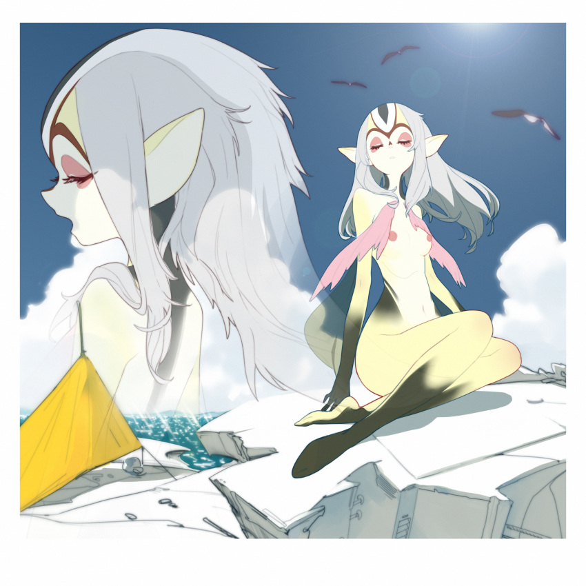 1:1 absurd_res ambient_bird animal_humanoid anime avian bird black_body black_skin blue_submarine_no._6 breasts day eyes_closed female feral fish fish_humanoid grey_hair group hair hi_res humanoid humanoid_focus humanoid_pointy_ears lens_flare long_hair marine marine_humanoid mutio nipples nude open_mouth outside pufffercbb sea sitting small_breasts solo_focus water white_body white_skin yellow_body yellow_skin