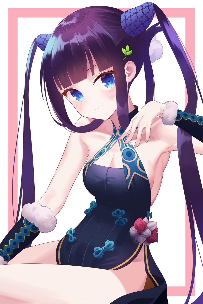 1girl absurdres bangs bare_shoulders blue_dress blue_eyes blunt_bangs blush border breasts china_dress chinese_clothes cleavage closed_mouth detached_sleeves dress fate/grand_order fate_(series) hair_ornament hand_on_own_chest hand_up highres large_breasts leaf_hair_ornament long_hair looking_at_viewer pink_border purple_hair re-leaf side_slit sidelocks sitting smile solo thighs twintails very_long_hair white_background yang_guifei_(fate/grand_order)
