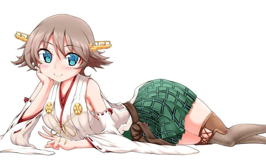 1girl blue_eyes boots brown_hair commentary_request detached_sleeves feet_out_of_frame flipped_hair green_skirt hairband hand_on_own_face headgear hiei_(kantai_collection) japanese_clothes kantai_collection looking_at_viewer lying on_side oohasikennta2002 plaid ribbon-trimmed_sleeves ribbon_trim short_hair simple_background skirt smile solo thigh_boots thighhighs white_background