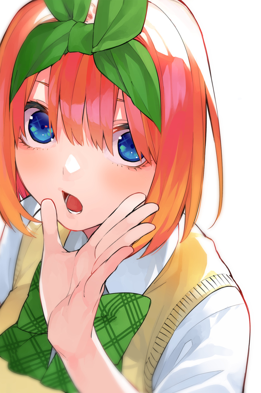 1girl bangs beige_sweater blue_eyes bow bowtie breasts collared_shirt eyebrows_behind_hair go-toubun_no_hanayome green_bow green_hairband hair_between_eyes hairband hand_up haruba_negi highres large_breasts looking_at_viewer lower_teeth nakano_yotsuba open_mouth orange_hair plaid plaid_bow shirt short_hair short_sleeves sidelocks simple_background solo sweater_vest tongue upper_body white_background white_shirt