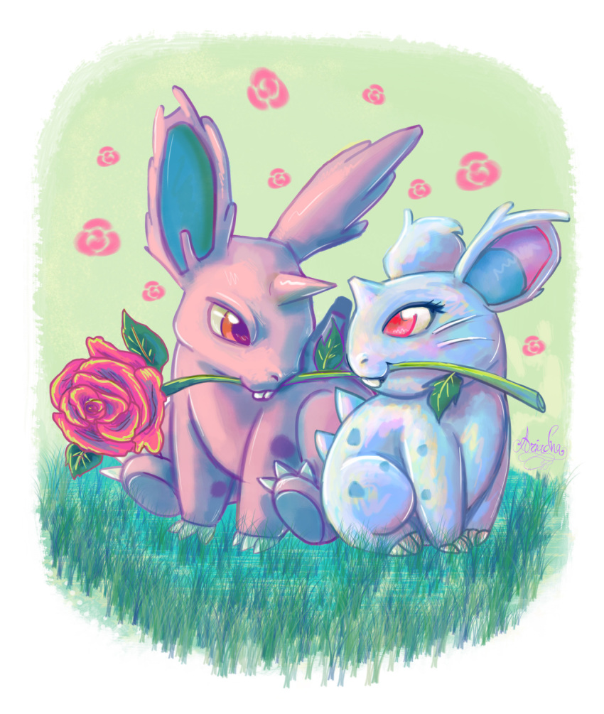 brown_eyes claws commentary couple creature english_commentary eye_contact floral_background flower full_body gen_1_pokemon grass green_background hetero highres horn looking_at_another missarilicious mouth_hold nidoran no_humans pink_eyes pink_flower pink_rose pokemon pokemon_(creature) rose simple_background sitting