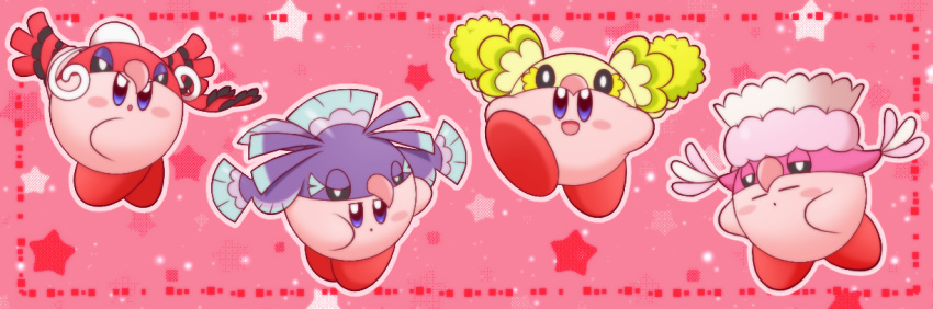 :d blush_stickers closed_eyes cosplay creature dancing gen_7_pokemon kirby kirby_(series) looking_at_viewer maiko_(mimi) open_mouth oricorio oricorio_(baile) oricorio_(cosplay) oricorio_(pa'u) oricorio_(pom-pom) oricorio_(sensu) pink_background pokemon pose purple_eyes simple_background smile star starry_background