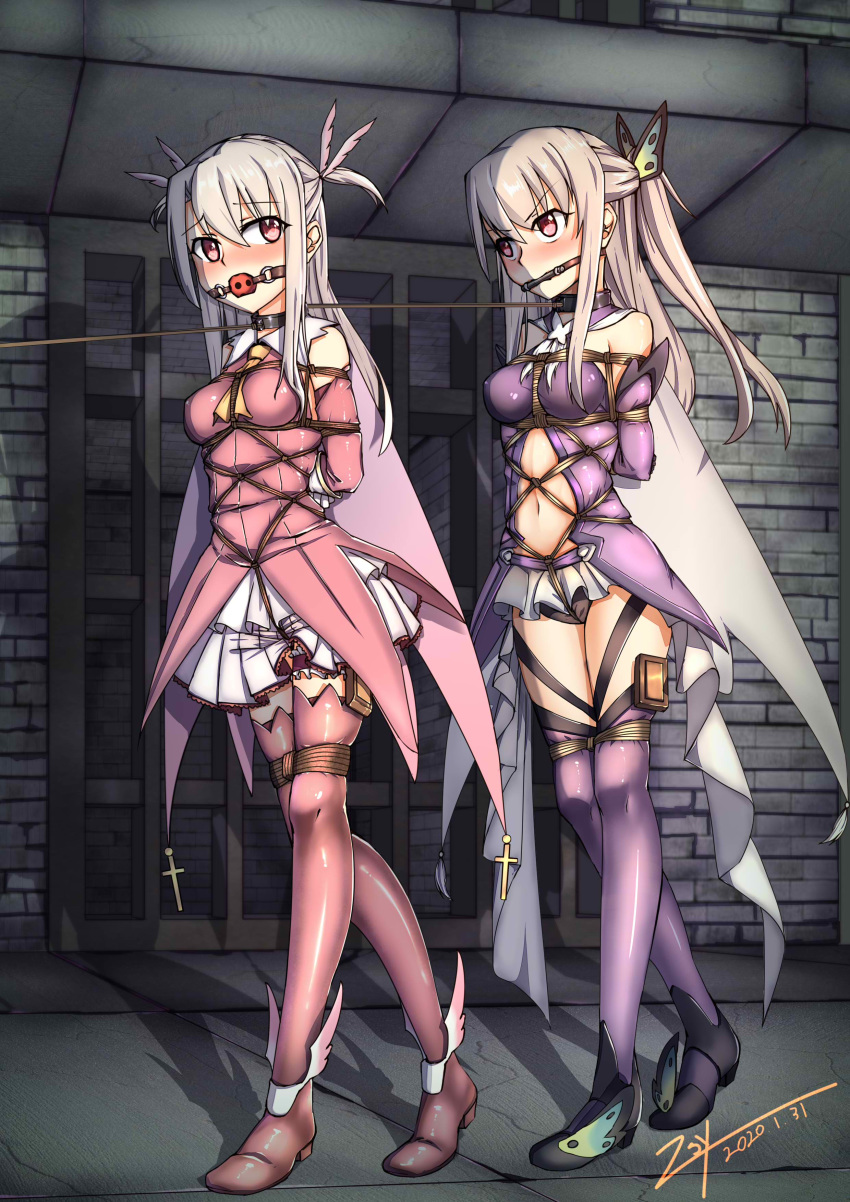 absurdres arms_behind_back ball_gag bdsm bit_gag bondage boots bound breasts cape collar crotch_rope dated dual_persona dungeon fate/kaleid_liner_prisma_illya fate_(series) gag gagged highres illyasviel_von_einzbern leash long_hair metal_collar navel navel_cutout prisma_illya rope shibari shibari_over_clothes signature small_breasts thigh_boots thigh_strap thighhighs zsy_(zsy433)