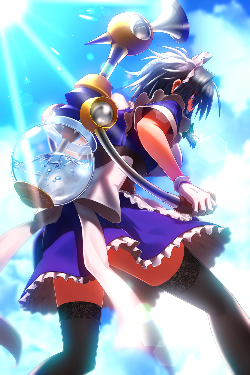 1girl absurdres blue_eyes breasts cloud commentary_request corset f.l.u.d.d. from_behind gloves greenkohgen grey_hair highres izayoi_sakuya lens_flare maid maid_headdress mario_(series) short_sleeves solo sunlight super_mario_sunshine thighhighs touhou twitter_username water white_gloves zettai_ryouiki